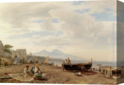 Achenbach Canvas Paintings - Fishermen on the Amalfi coast by Oswald Achenbach