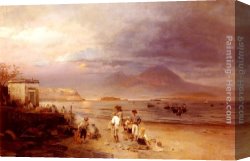 Achenbach Canvas Paintings - Fishermen with the Bay of Naples and Vesuvius beyond by Oswald Achenbach