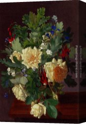 Otto Canvas Paintings - A Still Life With Yellow Roses And Freesia by Otto Didrik Ottesen