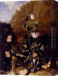 Otto Canvas Paintings - Still Life Of A Thistle And Other Flowers Surrounded By Moths, A Dragonfly, A Lizard, And A Snake, In A Landscape by Otto Marseus Van Schrieck