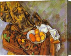 Still Life with Flowers And Fruit Canvas Paintings - Still Life with Flower Curtain and Fruit by Paul Cezanne