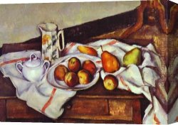 Pear Canvas Paintings - Still Life with Peaches and Pears by Paul Cezanne