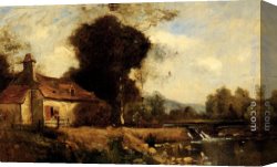 Gingerbread Cottage Canvas Paintings - A Cottage By A Stream by Paul Desire Trouillebert
