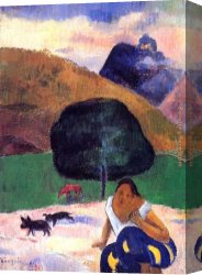 Tahitian Canvas Paintings - Landscape with Black Pigs and a Crouching Tahitian by Paul Gauguin