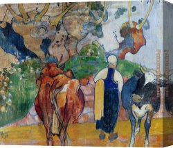 Peasant Canvas Paintings - Peasant Woman and Cows in a Landscape by Paul Gauguin