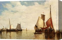 Sydney Harbour Canvas Paintings - Moored Ships In A Small Harbour by Paul-Jean Clays