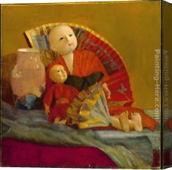 Peel Canvas Paintings - Japanese Dolls and Fan by Paul Peel