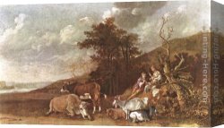 Boy Playing Flute Canvas Paintings - Landscape with Shepherdess and Shepherd Playing Flute by Paulus Potter
