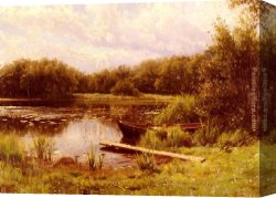 Peder Mork Monsted Canvas Paintings - A Boat Moored On A Quiet Lak by Peder Mork Monsted