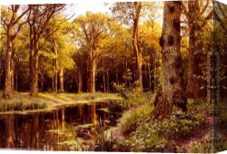 Highland Cattle Grazing by a Mountain Stream Canvas Paintings - A Forest Stream by Peder Mork Monsted