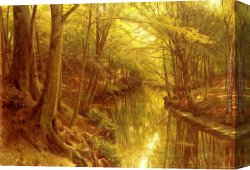 Highland Cattle Grazing by a Mountain Stream Canvas Paintings - A Woodland Stream by Peder Mork Monsted