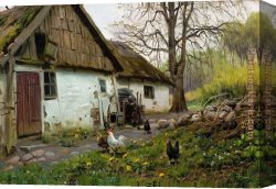Chickens, Canvas Paintings - Bromolle Farm with Chickens by Peder Mork Monsted