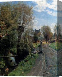 Peder Mork Monsted Canvas Paintings - By The River, Brondbyvester by Peder Mork Monsted