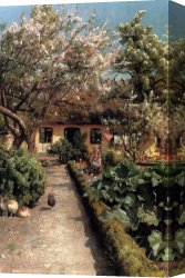 Peder Mork Monsted Canvas Paintings - Watering The Garden by Peder Mork Monsted