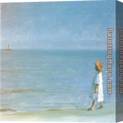 Peder Mork Monsted Canvas Paintings - The Little Girl on Skagen Beach by Peder Severin Kroyer
