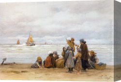 Departure Canvas Paintings - The Departure of the Fishing Fleet by Philippe Lodowyck Jacob Sadee