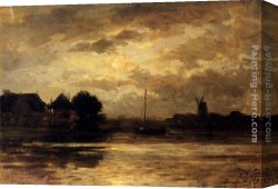 Philippe Canvas Paintings - View Of The Spaarne, Haarlem, By Moonlight by Philippe Lodowyck Jacob Sadee