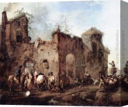 A Mediterranean Courtyard Canvas Paintings - Courtyard with a Farrier Shoeing a Horse by Philips Wouwerman