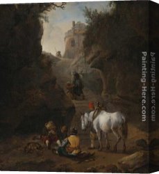Peasant Canvas Paintings - Peasants Playing Cards by a White Horse in a Rocky Gully by Philips Wouwerman
