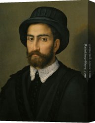 Portrait of a Young Man (detail) Canvas Paintings - Portrait of a man Bust Length Wearing a Black Coat and Hat by Pier Francesco Di Jacopo Foschi