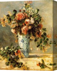 Renoir Canvas Paintings - Les roses et jasmin dans le vase de Delft by Pierre Auguste Renoir