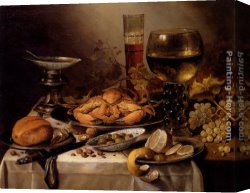 Cattle And Sheep Resting Canvas Paintings - Banquet Still Life With A Crab On A Silver Platter, A Bunch Of Grapes, A Bowl Of Olives, And A Peeled Lemon All Resting On A Draped Table by Pieter Claesz