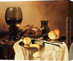 Bread Canvas Paintings - Breakfast Still Life With Roemer, Meat Pie, Lemon And Bread by Pieter Claesz