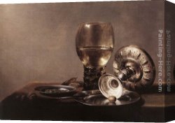 Still Life with Grapes, a Peach, Plums And a Pear on a Table with a Wine Glass And a Flask Canvas Paintings - Still Life with Wine Glass and Silver Bowl by Pieter Claesz