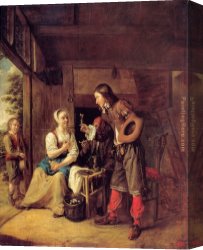 Man with Scythe Canvas Paintings - A Man Offering a Glass of Wine to a Woman by Pieter de Hooch