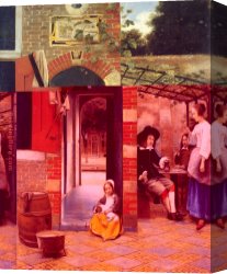 Figure Classic Canvas Paintings - Figures Drinking in a Courtyard by Pieter de Hooch