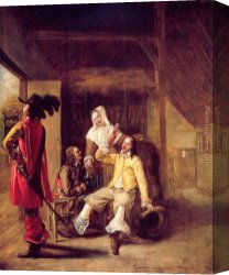 A Rank Soldier of The 7th Hussar Regiment Canvas Paintings - Two Soldiers and a Serving Woman with a Trumpeter by Pieter de Hooch