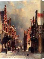View of a Riverside Dutch Town Canvas Paintings - A Town View In Winter With Figures Conversing On Porches And Children Throwing Snowballs by Pieter Gerard Vertin
