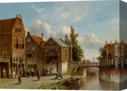 View of a Riverside Dutch Town Canvas Paintings - Figures in the Quay of a Dutch Town by Pieter Gerard Vertin