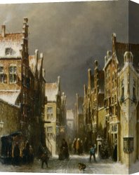 A Dutch Town Scene in Winter Canvas Paintings - Figures in the Snow Covered Streets of a Dutch Town by Pieter Gerard Vertin