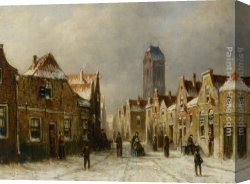 Spanish Town Canvas Paintings - Figures in the streets of a snow covered dutch town by Pieter Gerard Vertin