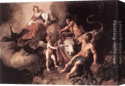 Jupiter And Antiope Canvas Paintings - Juno Discovering Jupiter with Io by Pieter Lastman