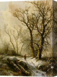 Figure Classic Canvas Paintings - A Figure in a Snowy Forest Landscape by Pieter Lodewijk Francisco Kluyver