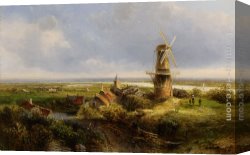Pieter Canvas Paintings - A Windmill in an Extensive Landscape by Pieter Lodewijk Francisco Kluyver
