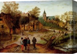 A Winter Landscape with Skaters Near a Village Canvas Paintings - A Village Landscape With Farmers by Pieter the Younger Brueghel