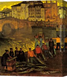 Sydney Harbour Canvas Paintings - Fisherfolk In A Harbour Town by Ramon De Zubiaurre