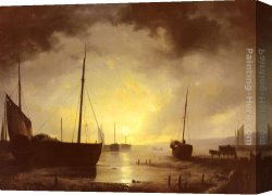 Fishing Boats at Dusk Canvas Paintings - Beached Fishing Boats by Moonlight by Remigius Adriannus van Haanen
