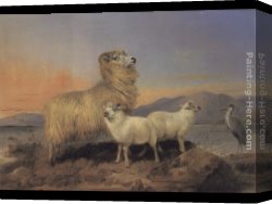 Ansdell Canvas Paintings - A Ewe with Lambs and a Heron Beside a Loch by Richard Ansdell