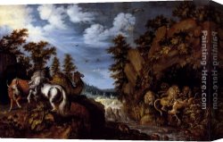 Camel's Canvas Paintings - A Rocky Landscape With A Stallion, Bull And Camel Overlooking A Lion's Den by Roelandt Jacobsz Savery