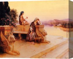 Ladies Canvas Paintings - Elegant Arab Ladies on a Terrace at Sunset by Rudolf Ernst