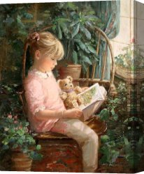 Reading a Book Canvas Paintings - Reading with 'Oatmeal' by Sally Swatland