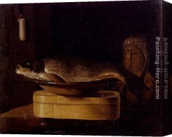 Bowl Canvas Paintings - Still Life Of A Carp In A Bowl Placed On A Wooden Box, All Resting On A Table by Sebastien Stoskopff