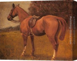 Hunters Canvas Paintings - A Saddled Hunter in a Landscape by Sir Alfred James Munnings