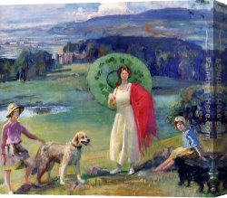 The Daughters of Judah in Babylon Canvas Paintings - Mrs. Robert Rankin And Her Daughters At Broughton Towers by Sir Alfred James Munnings