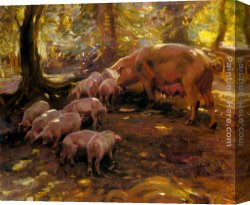 Wooded Canvas Paintings - Pigs In A Wood, Cornwall by Sir Alfred James Munnings