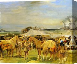 Match Point Canvas Paintings - Saddling For The Point To Point by Sir Alfred James Munnings